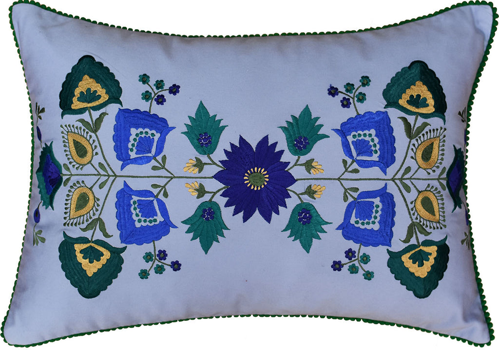 Lumbar Blue Floral Cotton Decorative Pillow Cover Silk Embroidery  14"x20" - KashmirDesigns
