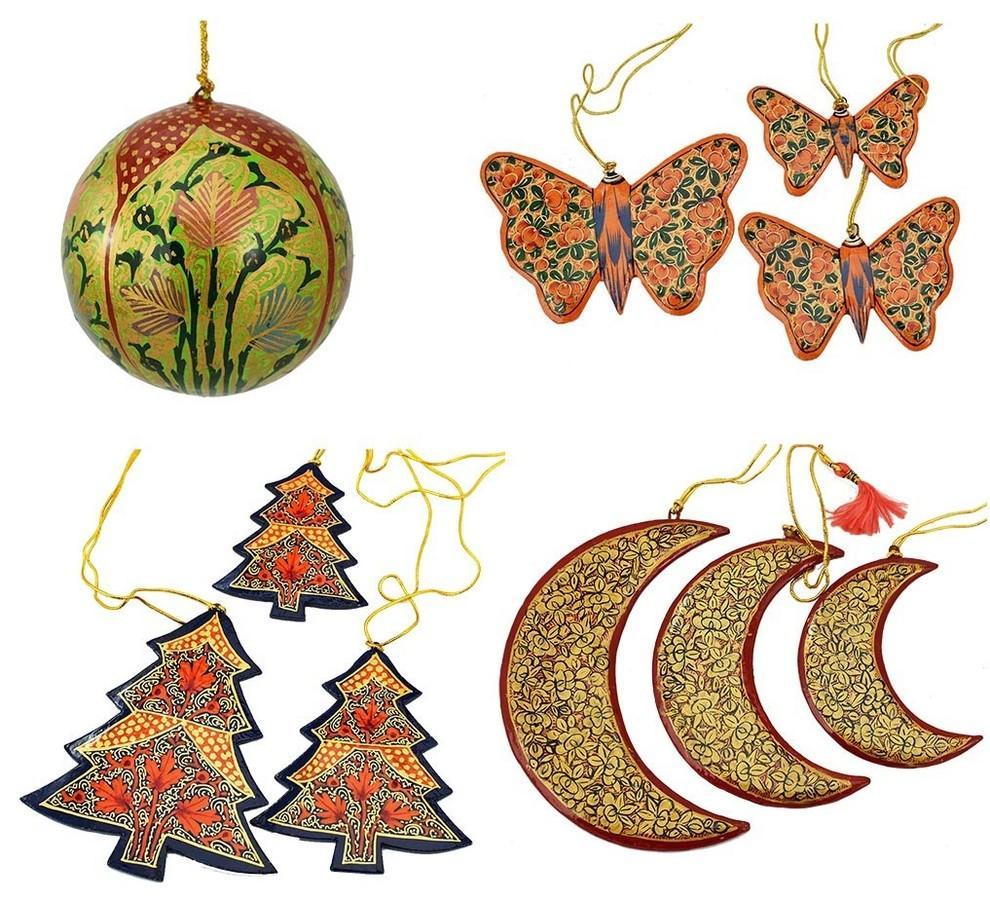 Holiday Christmas Ornaments, Hand Painted Ball, Butterfly, Tree and Moon Sets - KashmirDesigns