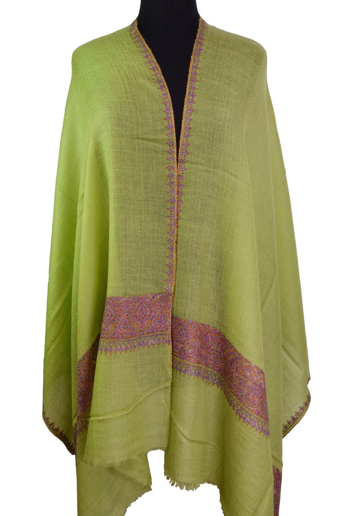 Aura Pashmina Ring Shawl Green Turquoise Antelope Handloom Suzani Needlework Wrap 27x76” - Kashmir Designs