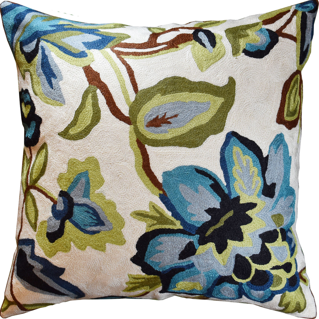 Ivory Cream French Floral Elements Toss Pillow Cover Handembroidered Wool 18x18" - KashmirDesigns