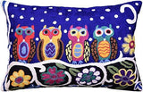 Lumbar Four Owls Decorative Pillow Cover Blue Whimsical Hand Embroidered Wool 14x20