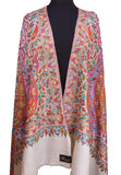 Iris Jamawar Shawl Pashmina Antelope Handloom Suzani Needlework Wrap Cream 40x76”