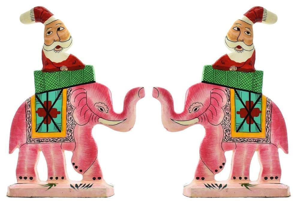 Santa Elephant Christmas  Holiday Ornaments Handpainted, Pink, Set of 2 - KashmirDesigns