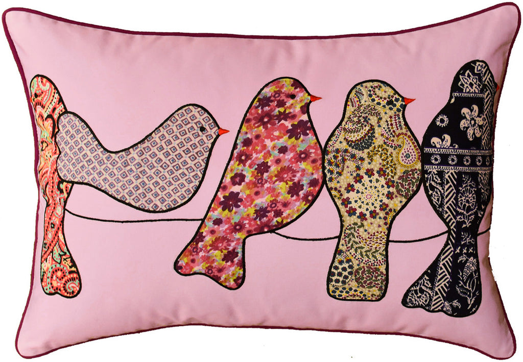 Lumbar Lavender Birds On Wire Decorative Pillow Cover Cotton Applique 14"x20" - KashmirDesigns