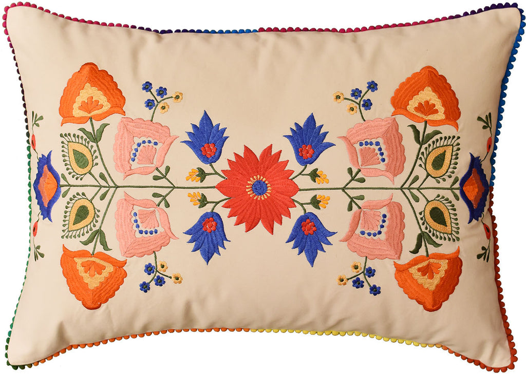 Lumbar Beige Floral Cotton Decorative Pillow Cover Silk Embroidery  14"x20" - KashmirDesigns
