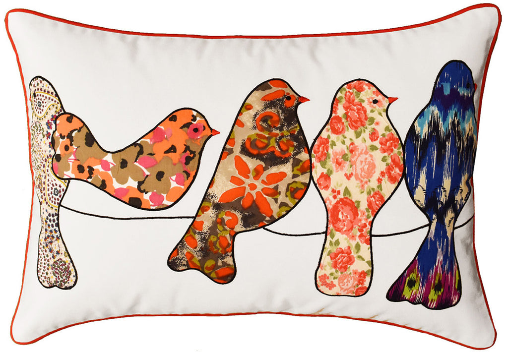 Lumbar White Birds On Wire Decorative Pillow Cover Cotton Applique Work 14"x20" - KashmirDesigns