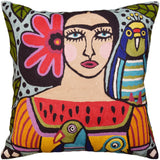 Bella Senorita Parrot Pillow Cover Colorful Blue Turquoise Handembroidered Wool 18x18