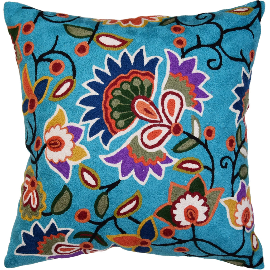 Turquoise Floral Pillow Cover Modern Flower Pillowcase Floral Hand Embroidered Outdoor Cushion Suzani Farmhouse Chair Throw Traditional Chair Cushions Wool Size 18x18