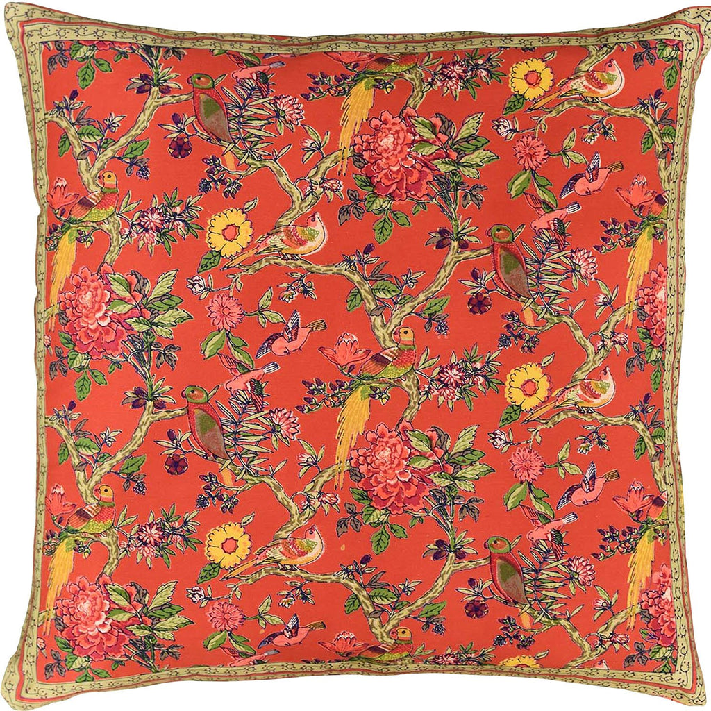 Bird Coral Floral Birds Decorative Cotton Pillow Cover Handprint Design 16"x16" - KashmirDesigns