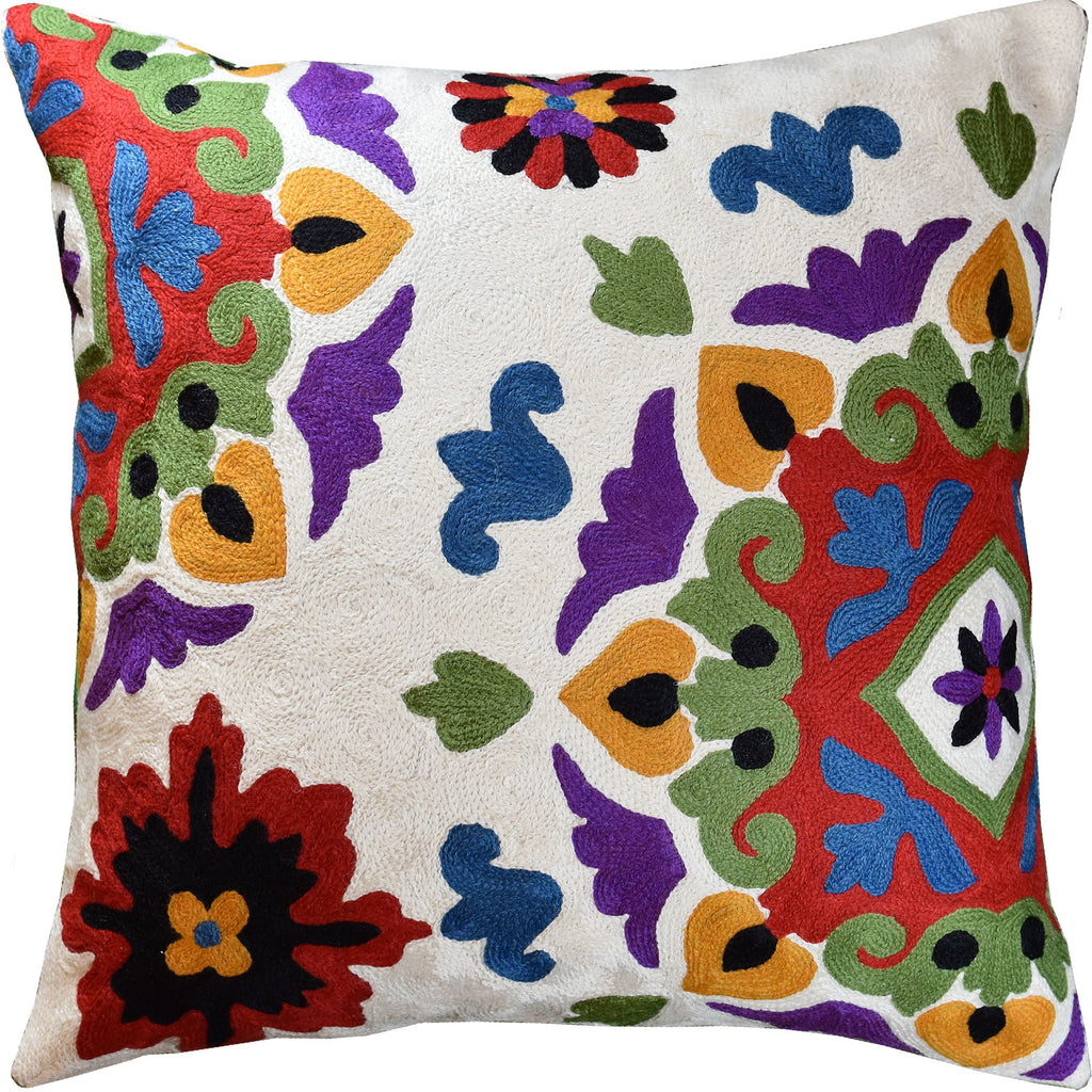 Ivory Cream Floral Bohemian Suzani II Accent Pillow Cover Handmade Wool 18x18" - KashmirDesigns