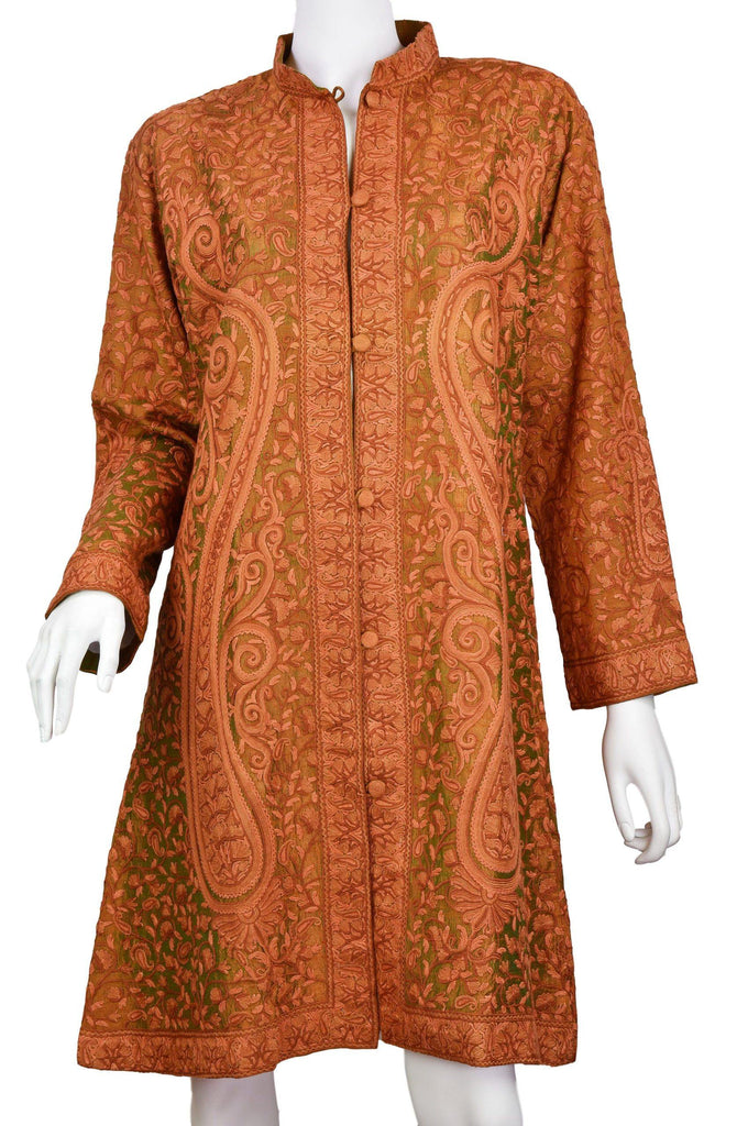 Idyia Iridescent Green Rust Silk Jacket Dinner Paisley Floral Evening Dress Coat Hand Embroidered Kashmir - Kashmir Designs