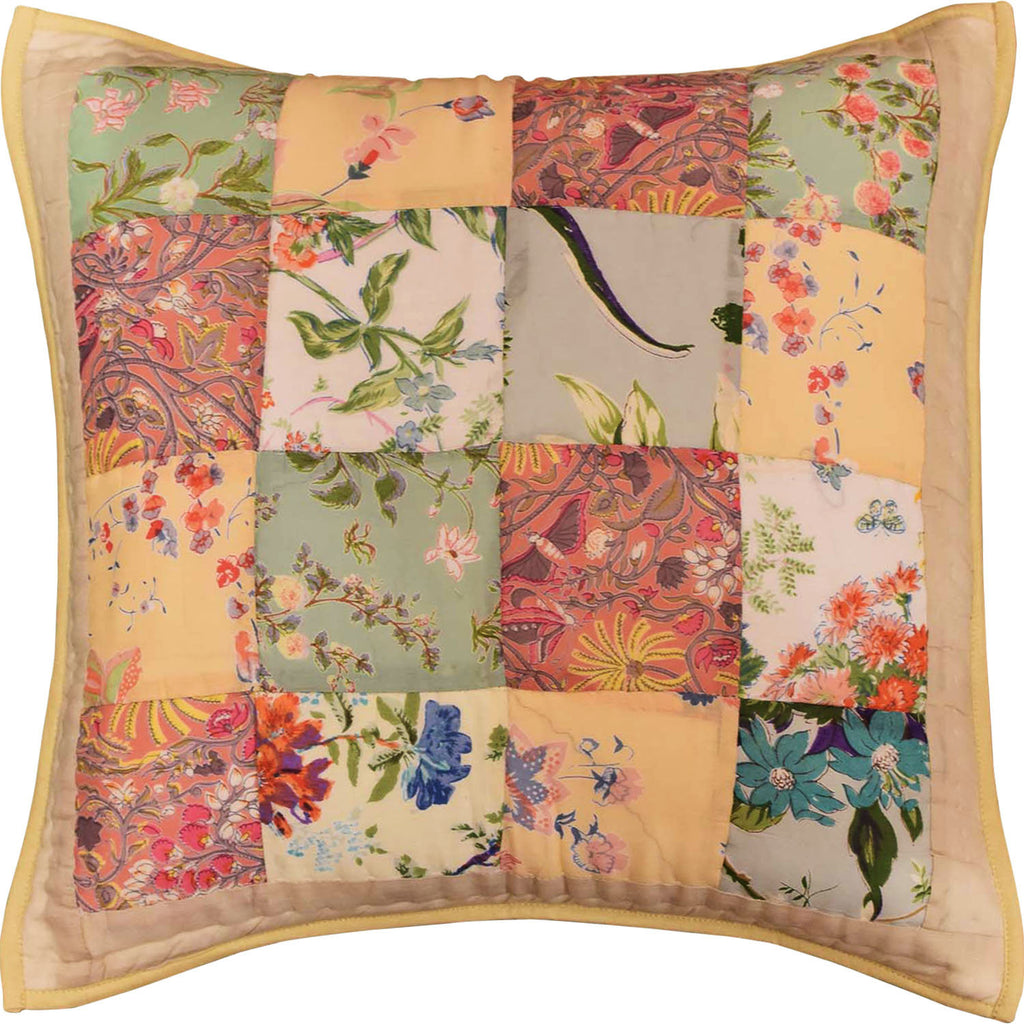 Romantic Patchwork II Floral Accent Cotton Pillow Cover Handprint Design 18"x18" - KashmirDesigns