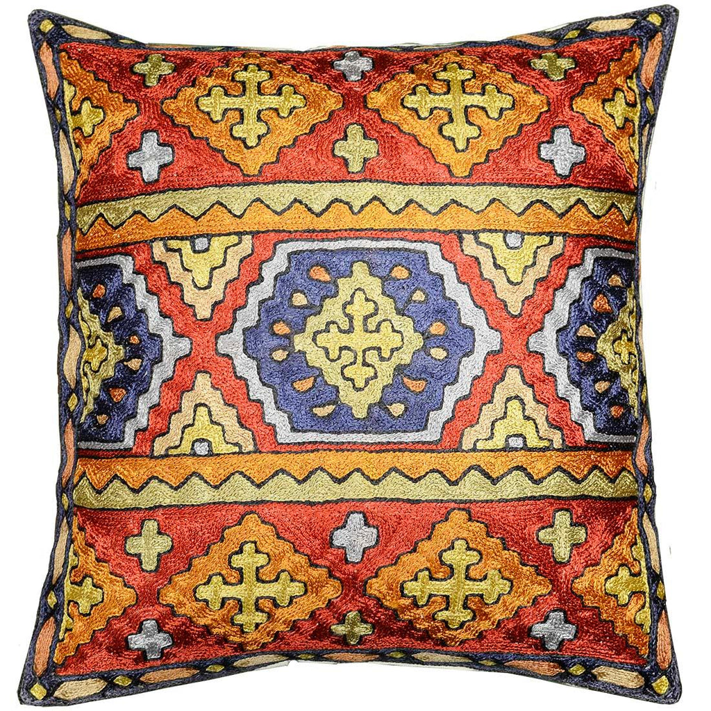 spiritual cross tribal cushion cover silk hand embroidered 16? x 16? - Kashmir Designs