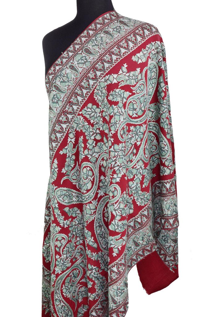 Jocasta Kashmir Shawl Paisley Red Teal Hand Embroidered Suzani Needlework Wrap 27x76" - Kashmir Designs