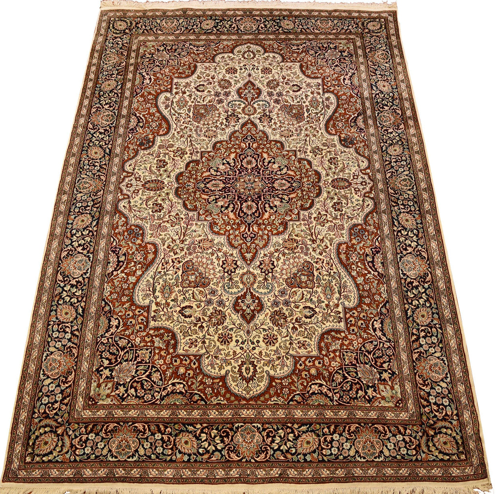 6x9ft Isfahan Cream Silk Rug White Oriental Carpet Medallion Star Kashmir Hand Knotted - Kashmir Designs