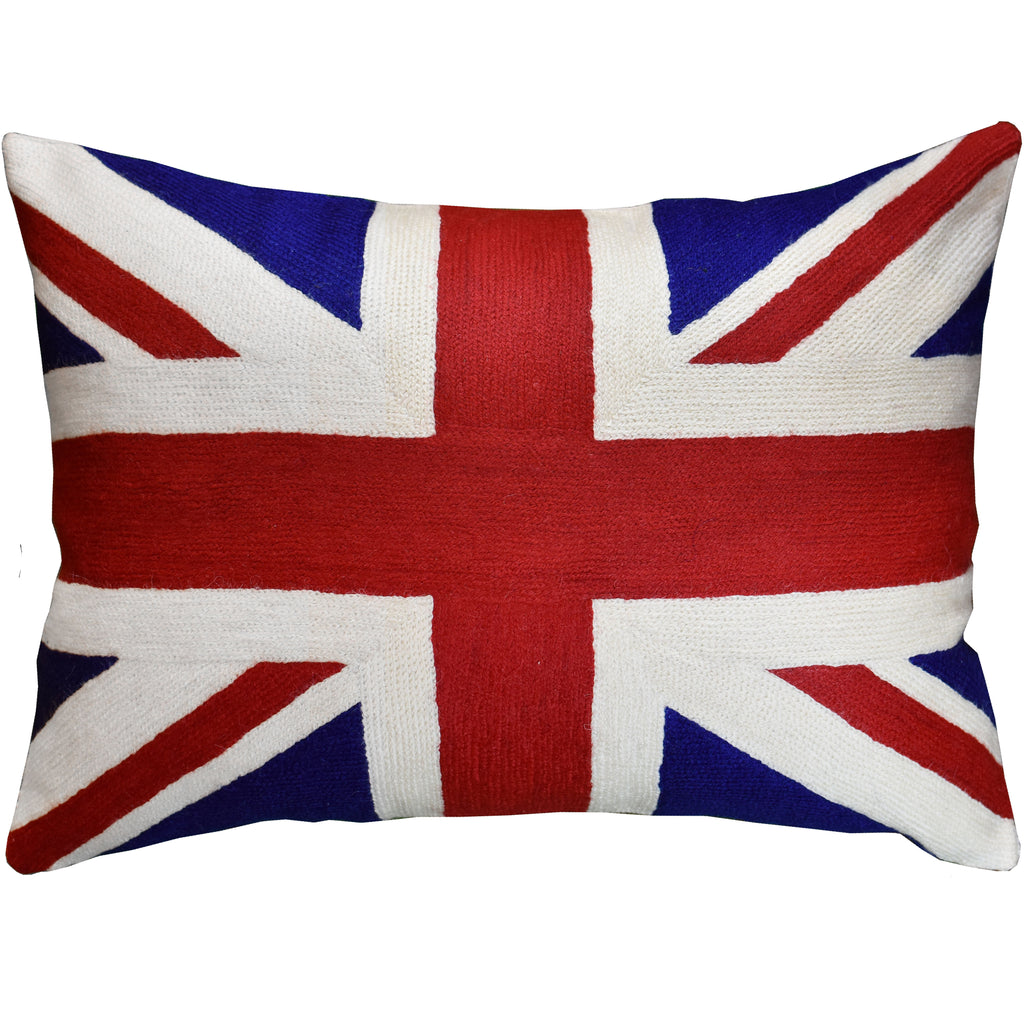 Lumbar British Flag Union Jack Red Blue Pillow Cover Handembroidered Wool 14x20" - KashmirDesigns