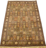 6x9ft Gom Silk Rug Tree of Life Oriental Carpet Geometric Brown Gold Star Kashmir Hand Knotted