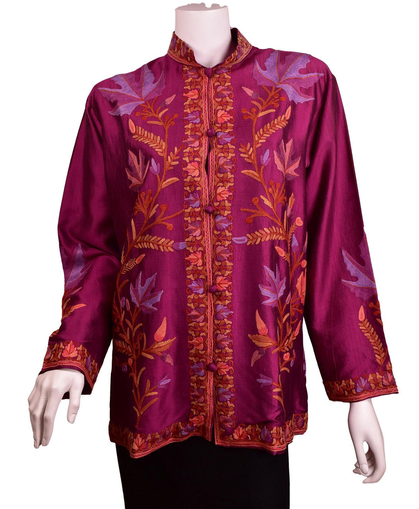 Hemera Magenta Pink Silk Dinner Jacket Floral Evening Dress Coat Hand Embroidered Kashmir - Kashmir Designs