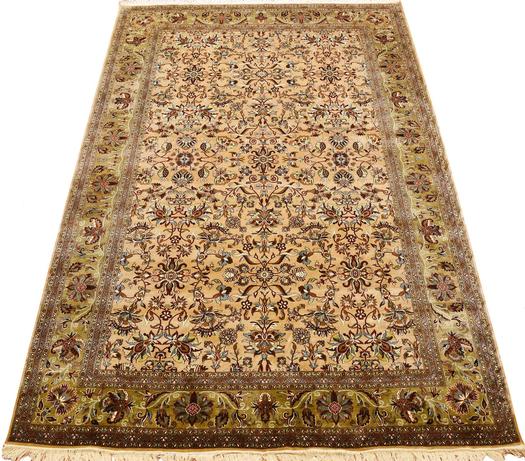 6x9ft Sarouk Silk on Silk Rug Oriental Carpet Green Fawn Hand Knotted Museum Quality - Kashmir Designs