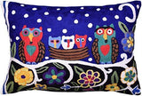 Lumbar Blue Owl Family Decorative Pillow Cover Whimsical Hand Embroidered Wool 14x20