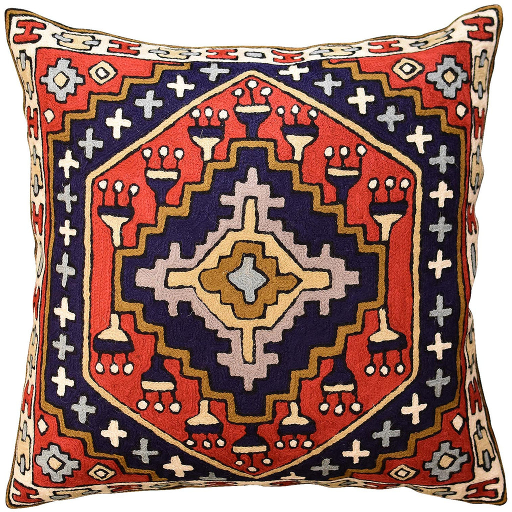 Navajo Tribal Kilim Aztec Red Navy II Pillow Cover Handembroidered Wool 18"x18" - KashmirDesigns