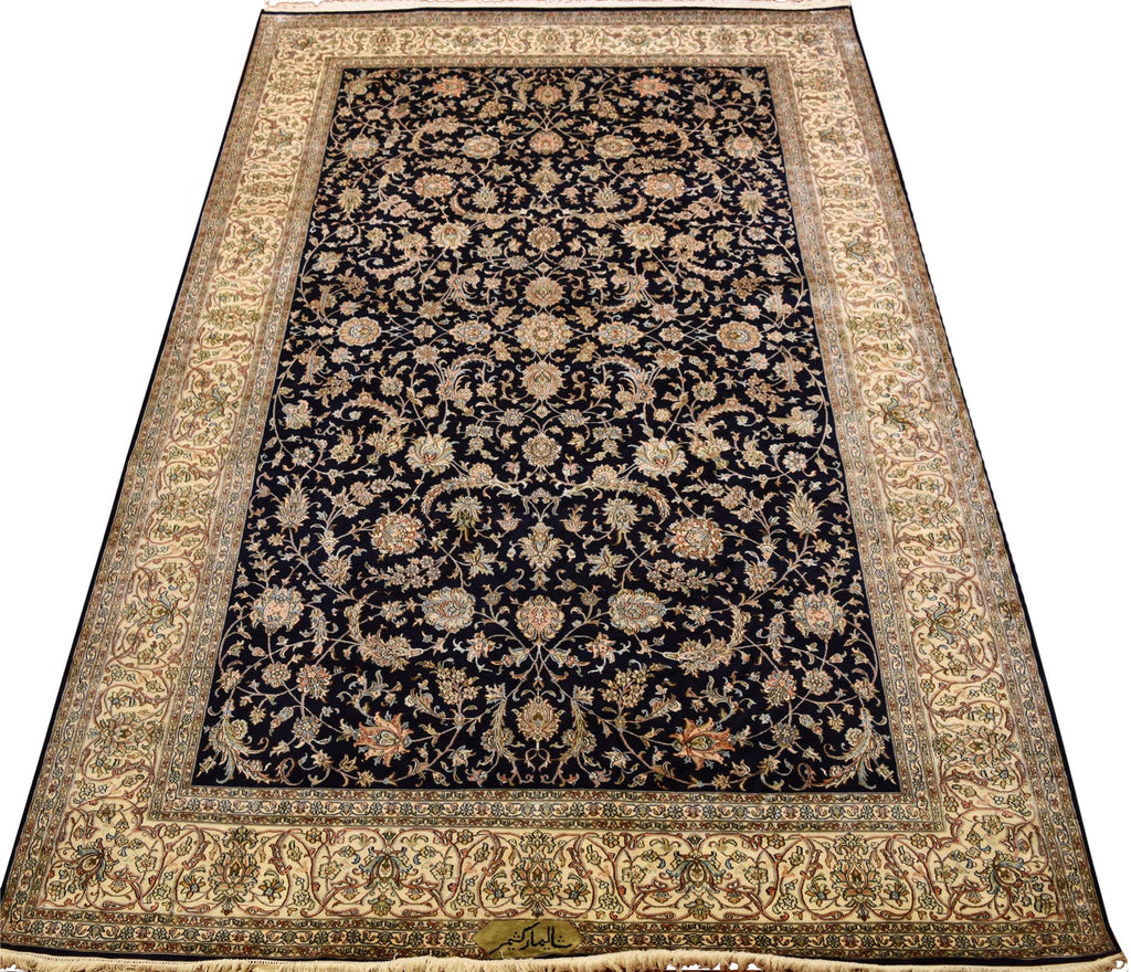 6x9ft Sarouk Silk on Silk Rug Oriental Carpet Navy Blue Hand Knotted Museum Quality - Kashmir Designs