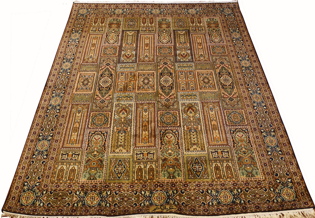 5x7' Gom Silk Rug Oriental Carpet Medallion Brown Green Gold Hand Knotted - Kashmir Designs