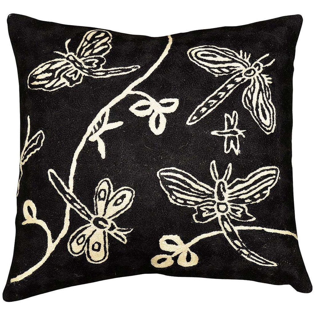 Butterfly Black White Decorative Pillow Cover Hand Embroidered 18" x 18" - KashmirDesigns