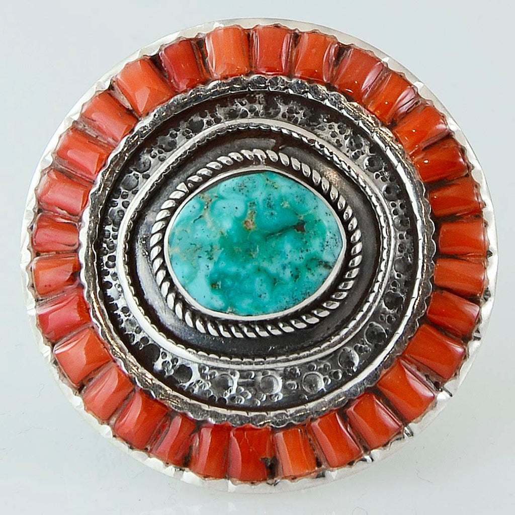 Size 8 Turquoise Coral Cocktail Ring Sterling Silver Round Disc Rings - Kashmir Designs
