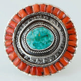 Size 8 Turquoise Coral Cocktail Ring Sterling Silver Round Disc Rings
