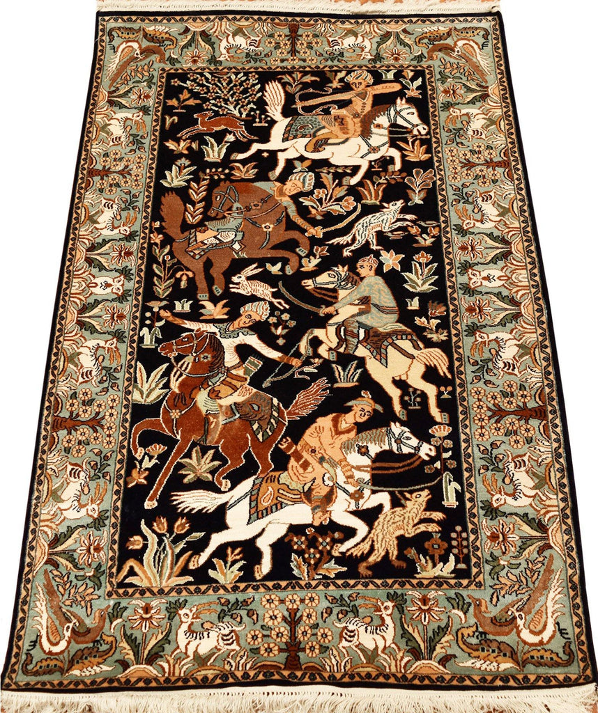 Hunting Scene Silk Rug, Small Silk Carpet, Hanging Wall Rug, Royal