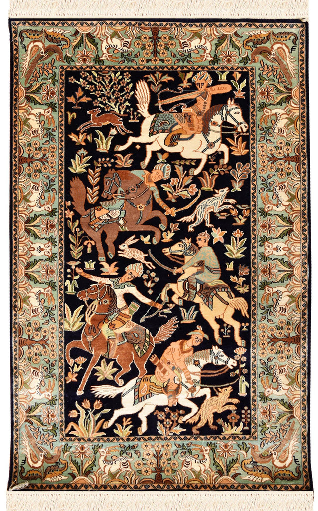 2.5'x4' Navy Pure Silk Rug Hunting Scene Rugs Wall Art Wallhanging Hand Knotted - KashmirDesigns