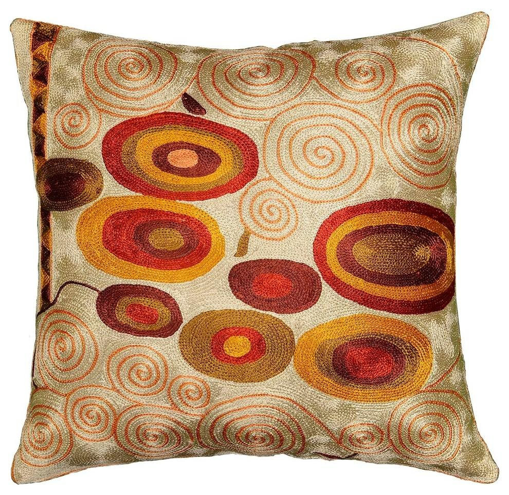 Klimt Accent Pillow Cover, Ivory Swirls, Silk, Hand Embroidered 18"x18" - KashmirDesigns
