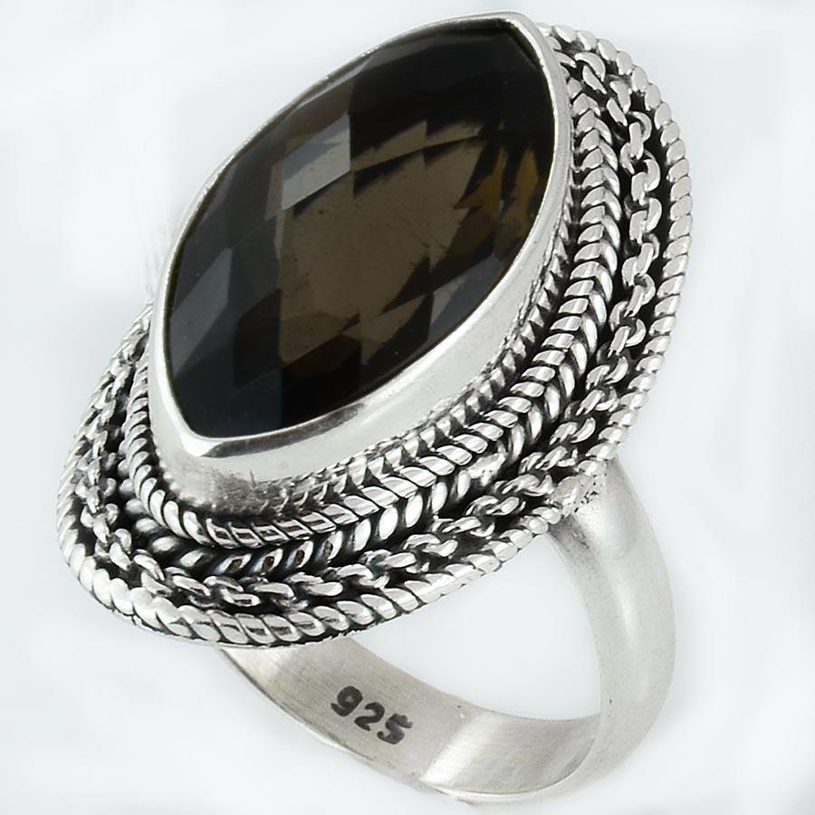 Size 8.5 Smoky Quartz Ring Sterling Silver Marquise Rings - Kashmir Designs