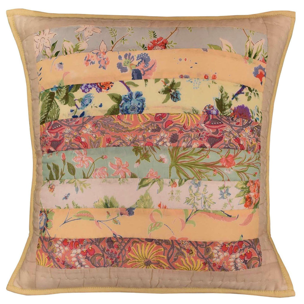 Romantic Patchwork I Floral Accent Cotton Pillow Cover Handprint Design 18"x18" - KashmirDesigns