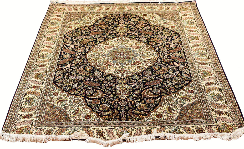 5x7' Kirman Silk on Silk Rug Oriental Carpet Medallion Hand Knotted Museum Quality - Kashmir Designs