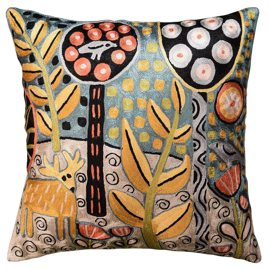 Deer & Bird Karla Gerard Accent Pillow Cover Handembroidered Art Silk 18"x18" - KashmirDesigns