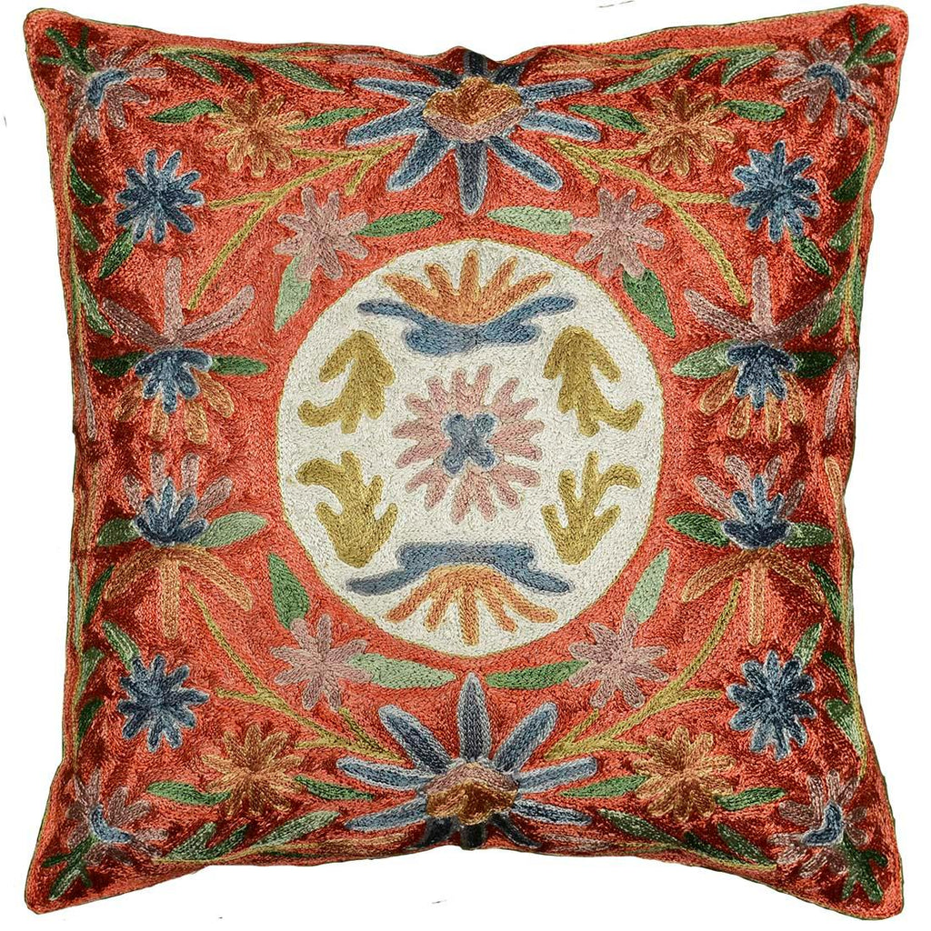 light coral daisy divine pond floral pillow cover hand embroidered 16 x 16 - Kashmir Designs