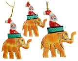 Santa Elephant Christmas  Holiday Ornament Handpainted, Orange, 3 Piece Set