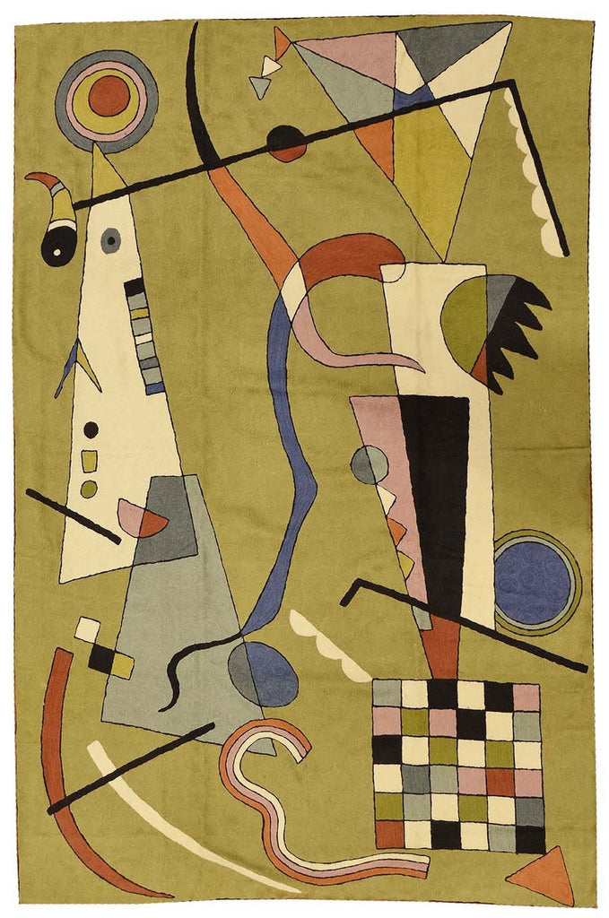 Kandinsky Abstract Airplane Wool Rug / Wall Tapestry Green Hand Embroidered 6ft x 4ft - KashmirDesigns