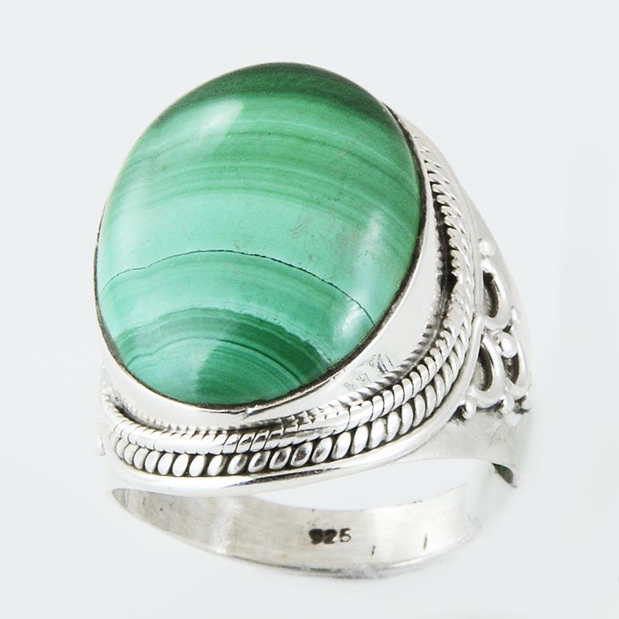 Size 7.5 Malachite Ring Sterling Silver Oval Rings Hand Carved - Kashmir Designs