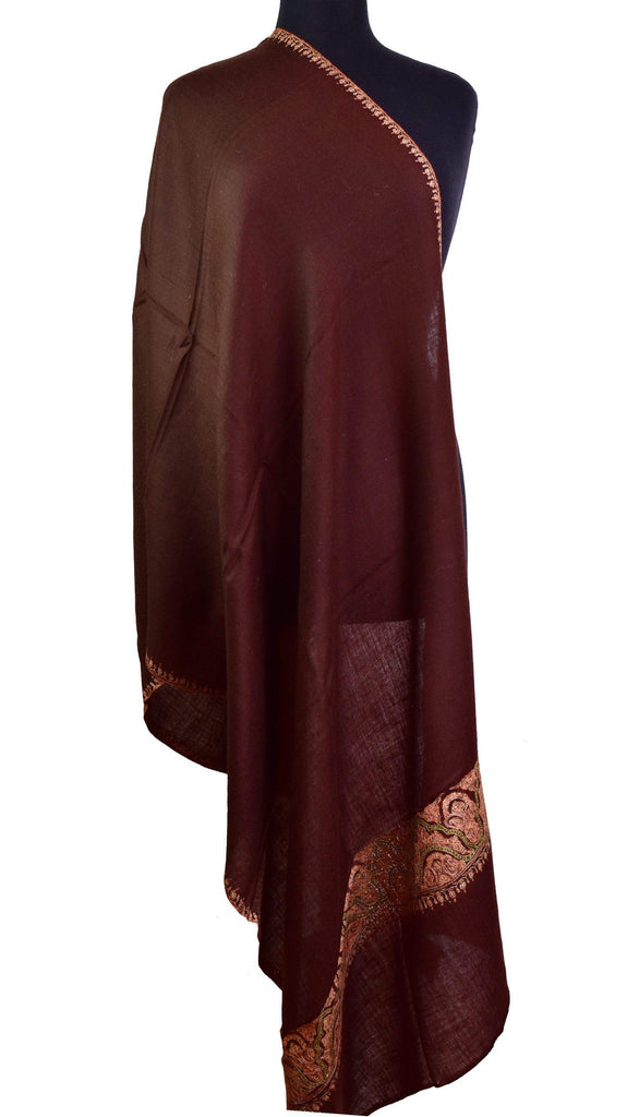 Pheme Pashmina Shawl Chocolate Brown Antelope Handloom Suzani Needlework Wrap 27x76” - Kashmir Designs
