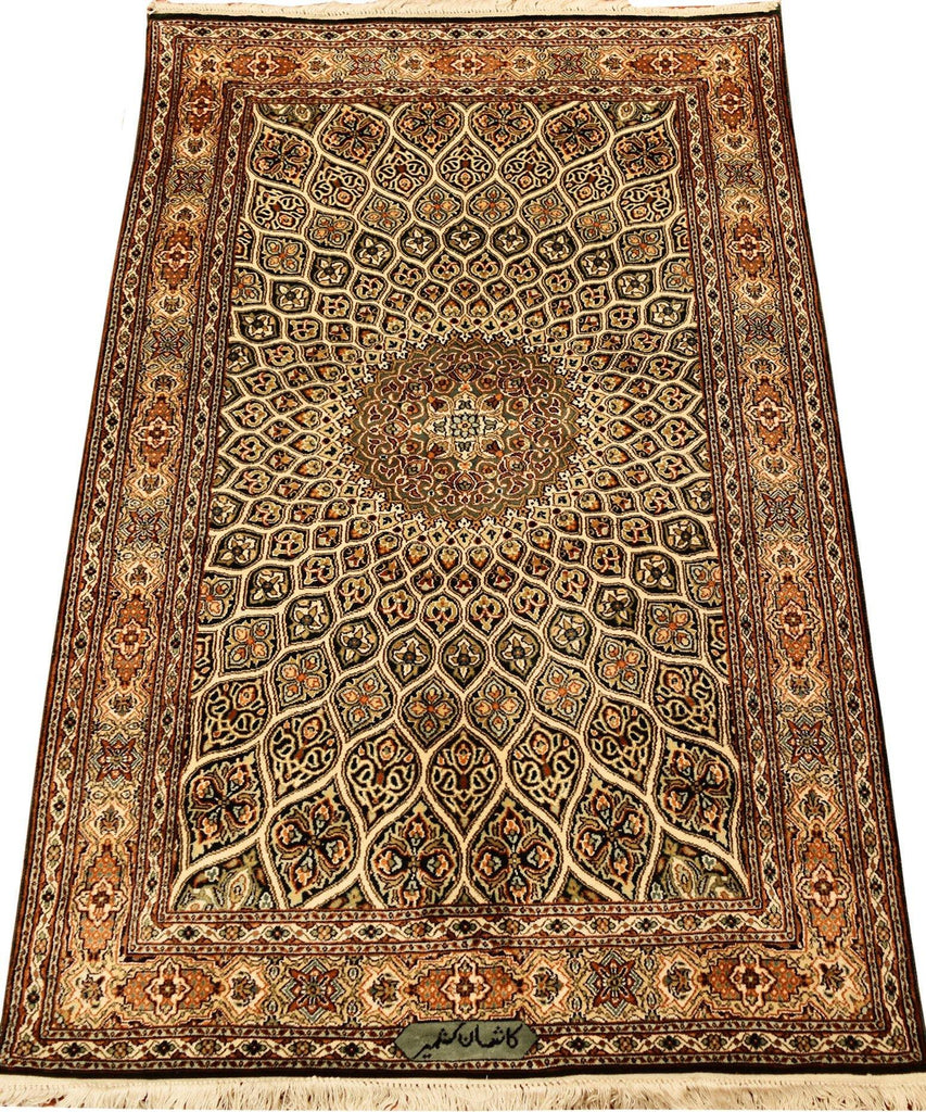 2.5'x4' Green Silk Rug Kashan Arabesque Dome Design Oriental Carpet Hand Knotted - KashmirDesigns