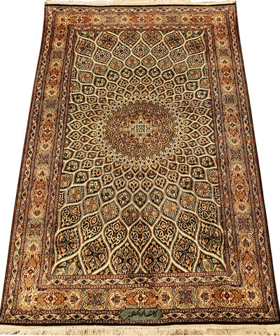 2.5'x4' Ivory Kashan Silk Rug Oriental Carpet Medallion Design