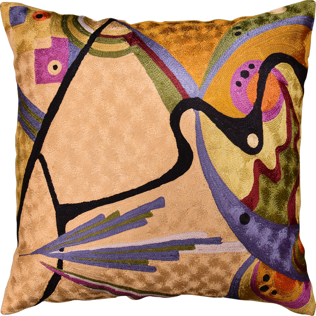 Kandinsky In the Flow II Accent Pillow Cover Handembroidered Art Silk 18"x18" - KashmirDesigns