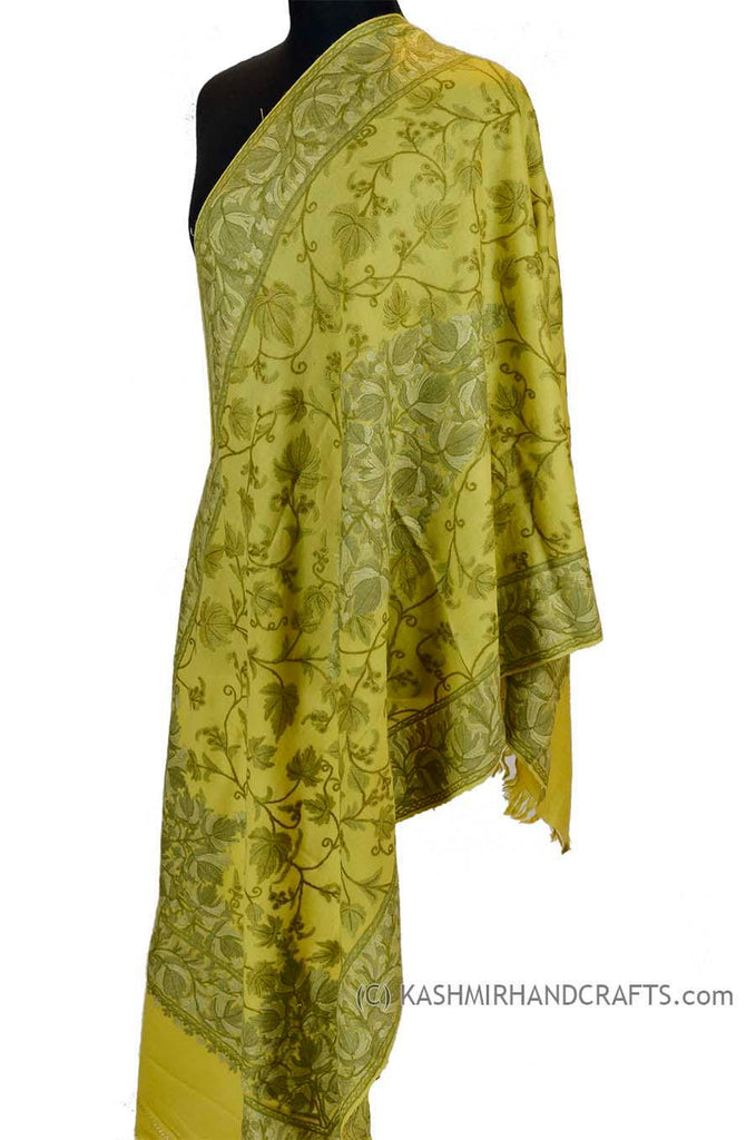 Lime Green Floral Kashmir Shawl Hand Embroidered Suzani Needlework Wrap 27x76" - Kashmir Designs