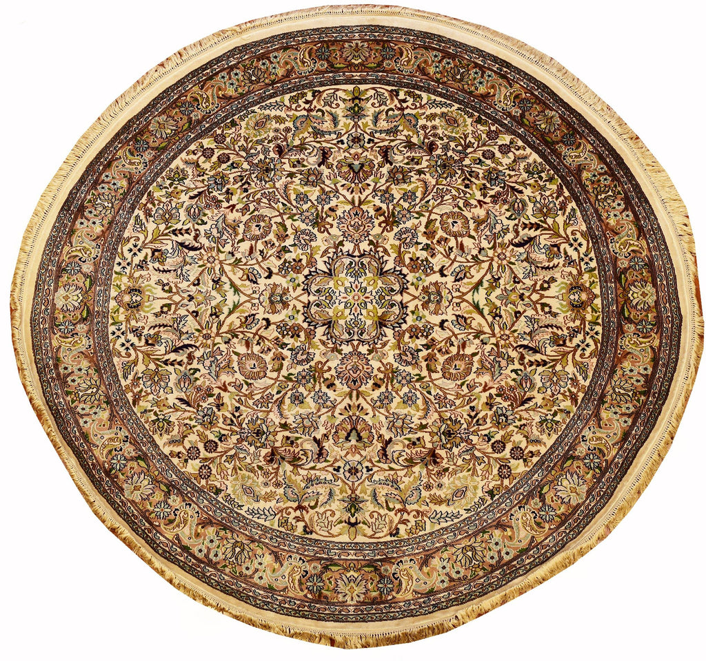 6x6ft Cream Kashan Silk Rug Oriental Round Carpet Design Medallion Kashmir Hand Knotted - Kashmir Designs