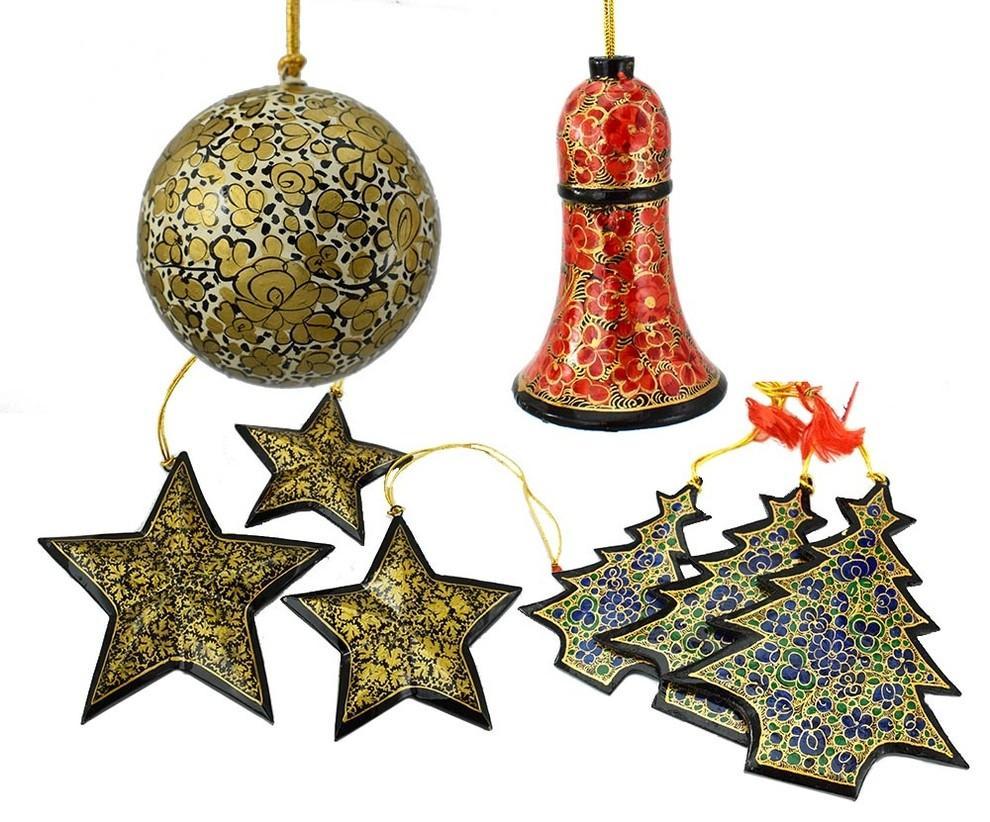 Holiday Christmas Ornaments, Hand Painted Ball, Bell, Tree and Star Sets - KashmirDesigns