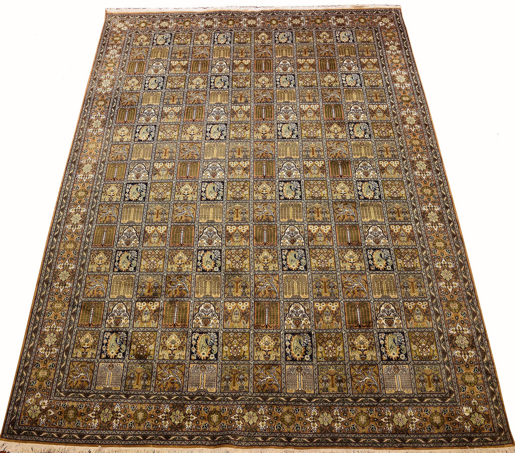 8x11ft Qum Silk Rug Oriental Carpet Tree of life Green Geometric HandKnotted - Kashmir Designs