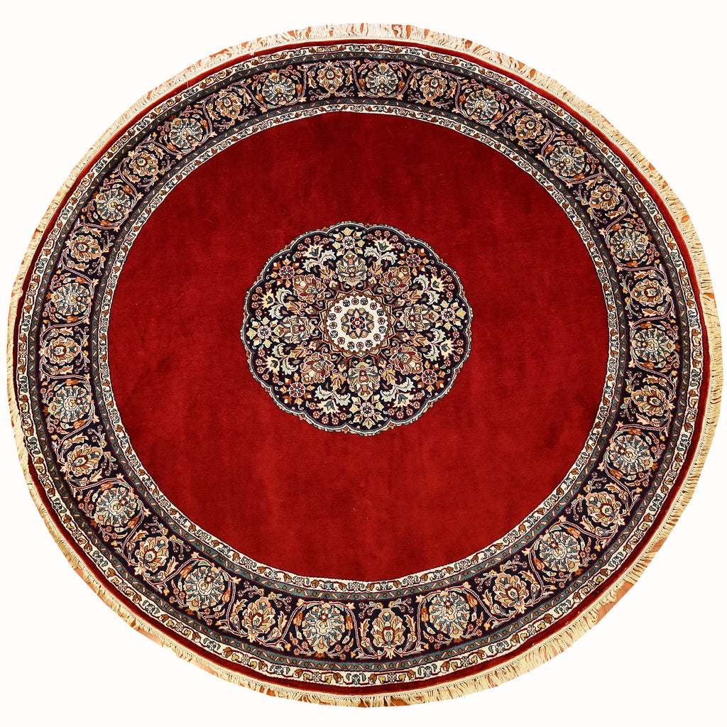7x7ft Red Isfahan Silk Rug Oriental Round Carpet Open Design Medallion Kashmir Hand Knotted